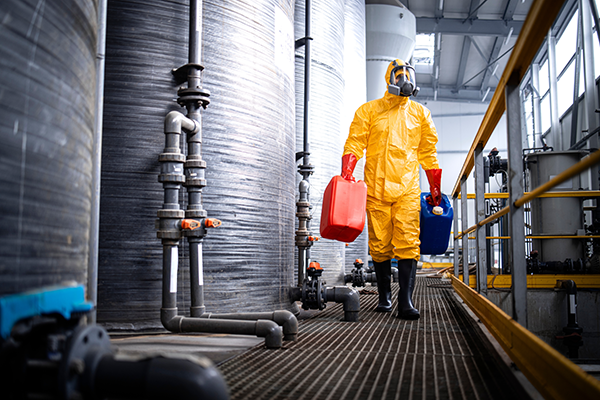 Een werknemer in een chemicaliënbestendige overall met veiligheidslaarzen ter bescherming op de werkvloer.