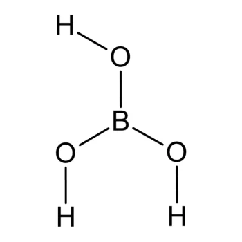 Molecuulstructuur van boorzuurpoeder, bestaande uit boor-, zuurstof- en waterstofatomen in een kristallijn roosterpatroon.
