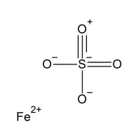 Schematische weergave van de molecuulstructuur van ijzersulfaat met een Fe²⁺-ion gebonden aan een sulfaation (SO₄²⁻).