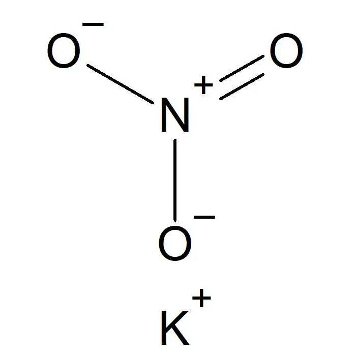 Illustratie van de molecuulformule van kaliumnitraat, KNO₃, bestaande uit een kaliumatoom (K) verbonden met een nitraatgroep (NO₃).