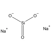 Molecuulstructuur van natriummetasilicaat met een centraal siliciumatoom met drie oxidebruggen en twee Na⁺-ionen.