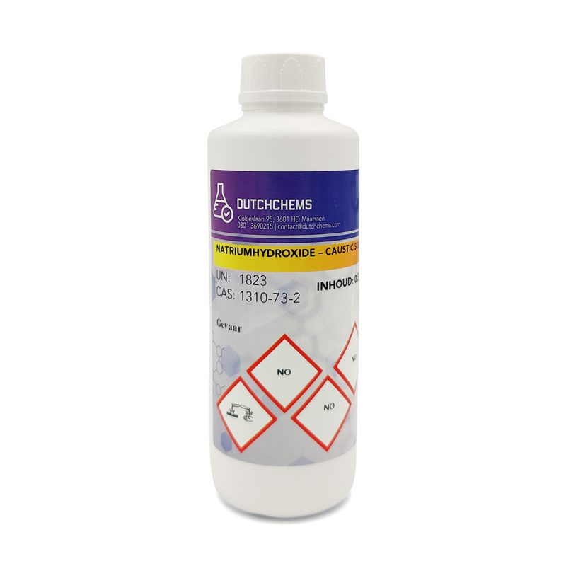 Witte plastic fles met natriumhydroxide korrels