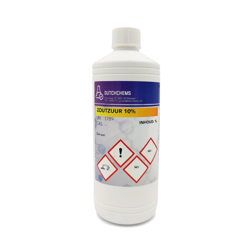 Plastic fles met 1 liter 30% zoutzuur oplossing en veiligheidsinformatie op het etiket.