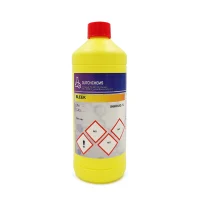 Fles bleekmiddel met veiligheidswaarschuwingen en gebruiksinstructies.