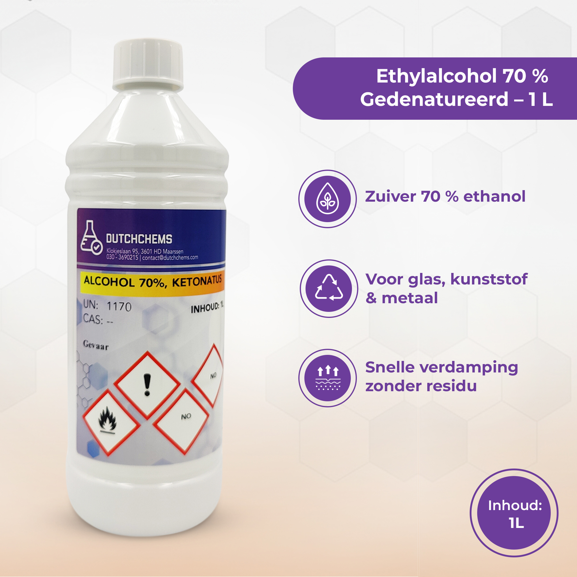 DutchChems Alcohol 70% infographic met productvoordelen.