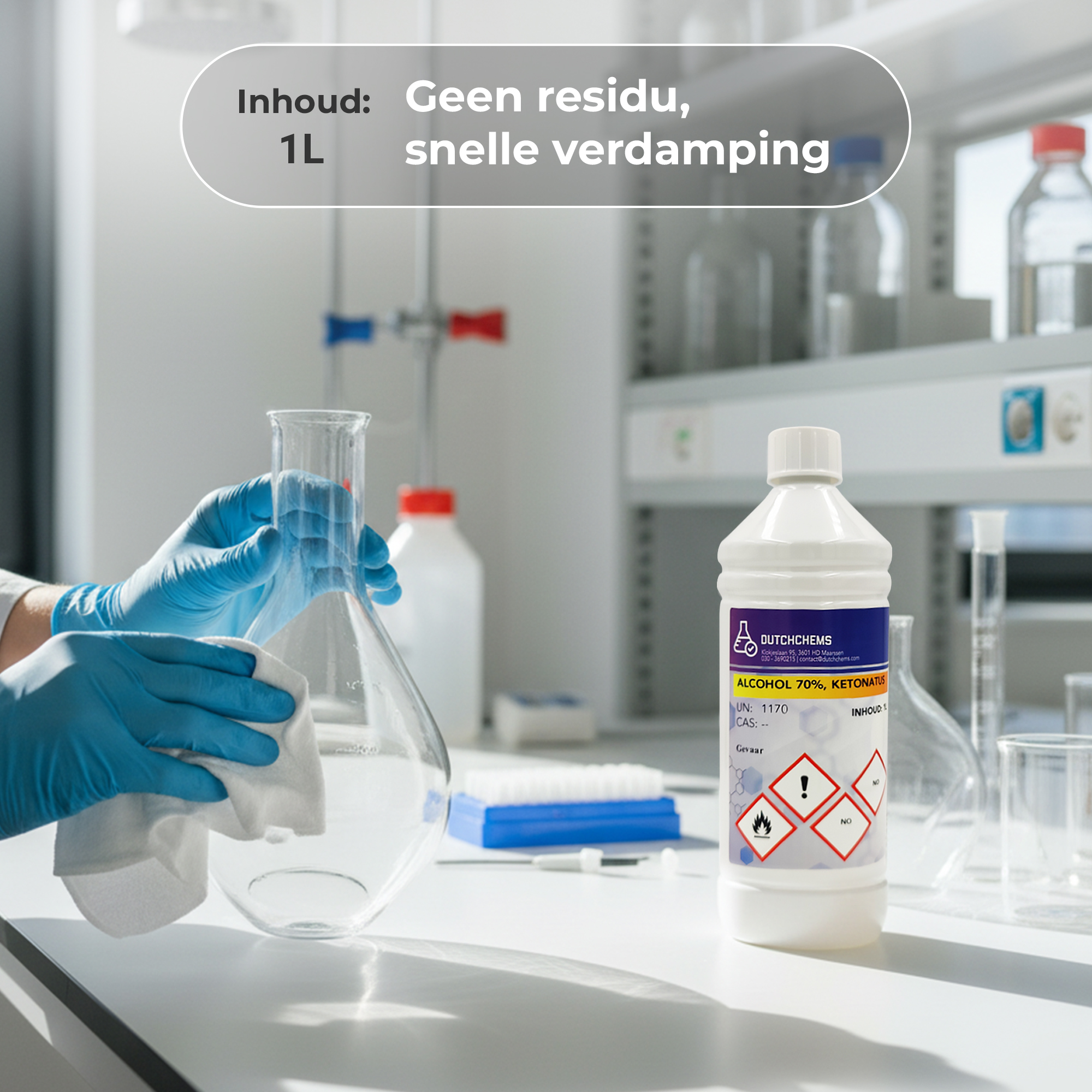Laboratoriumtoepassing van DutchChems 70% alcohol 1 liter fles.