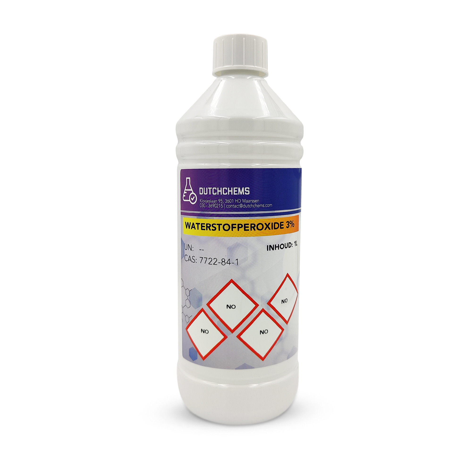 Plastic fles met Waterstofperoxide 3% oplossing.