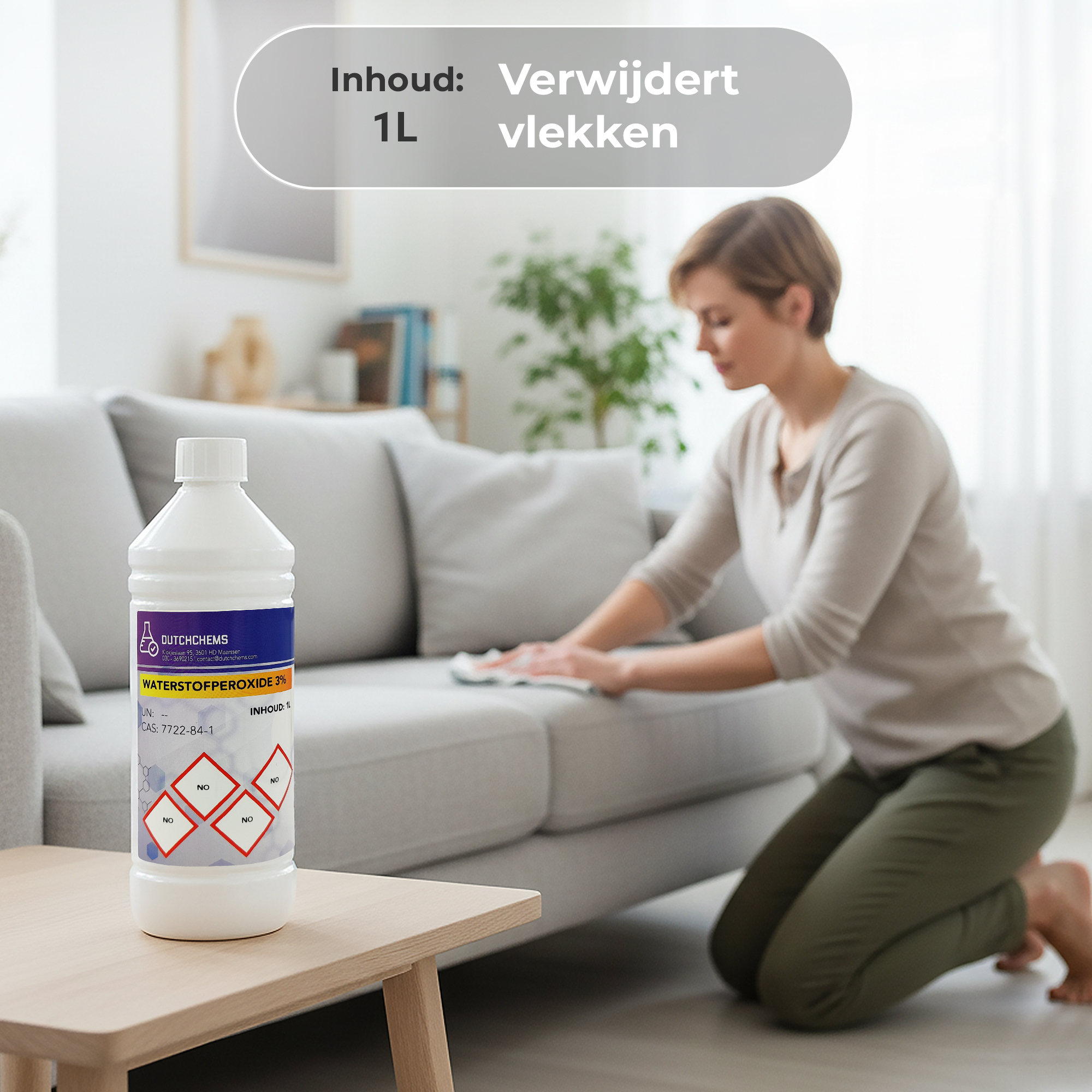 Waterstofperoxide 3 procent gebruikt bij schoonmaak van bankstel