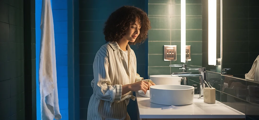 Vrouw die voor verstopte wastafel in de badkamer staat