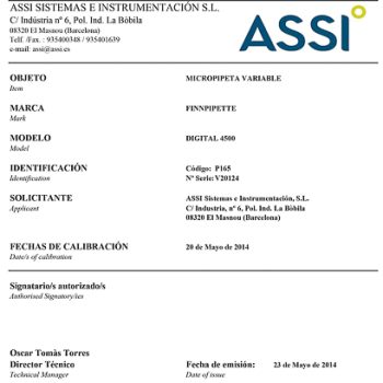 ENAC-Certificaat voor variabele micropipetten