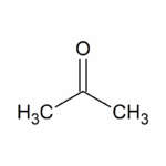 Molecuulstructuur van aceton (C3H6O) met een centraal koolstofatoom, dubbel gebonden aan een zuurstofatoom en enkel gebonden aan twee methylgroepen (CH3).