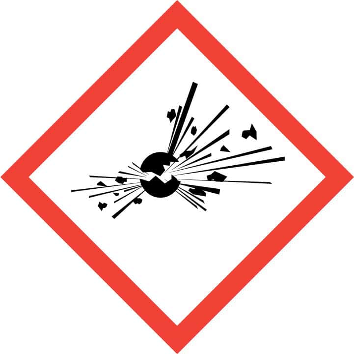 GHS01-Piktogram für Explosionsgefahr, schwarzes Explosionssymbol in rot-weißer Raute