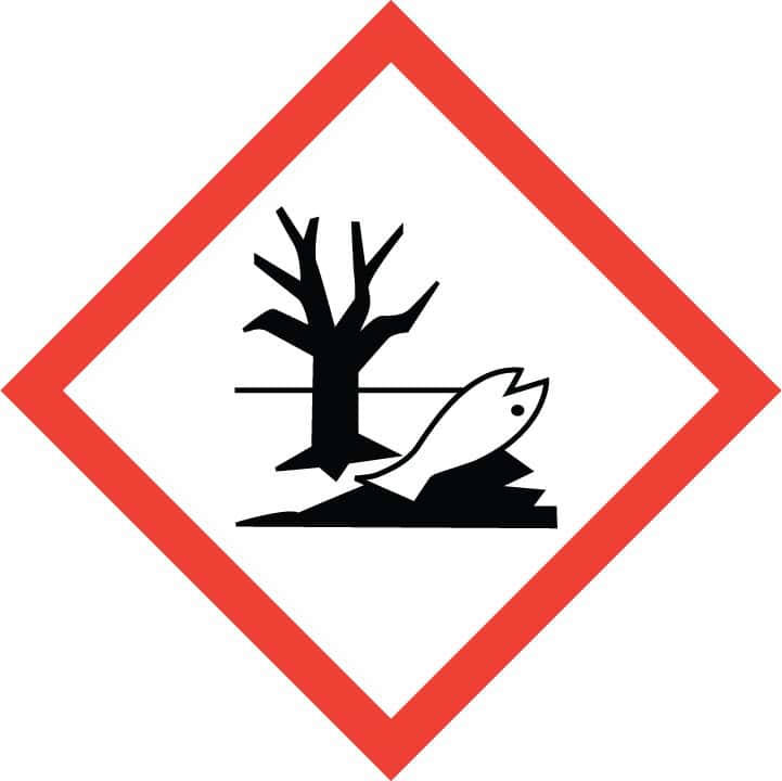 GHS09-Piktogram für Umweltgefahr, abgestorbener Baum und toter Fisch in rot-weißer Raute