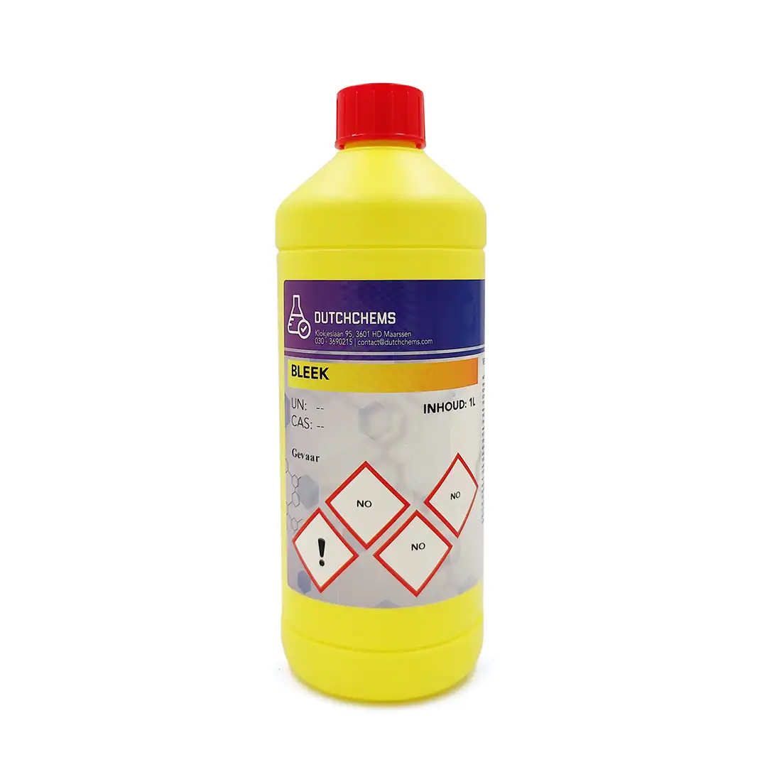 bleek Fles bleekmiddel met veiligheidswaarschuwingen en gebruiksinstructies.