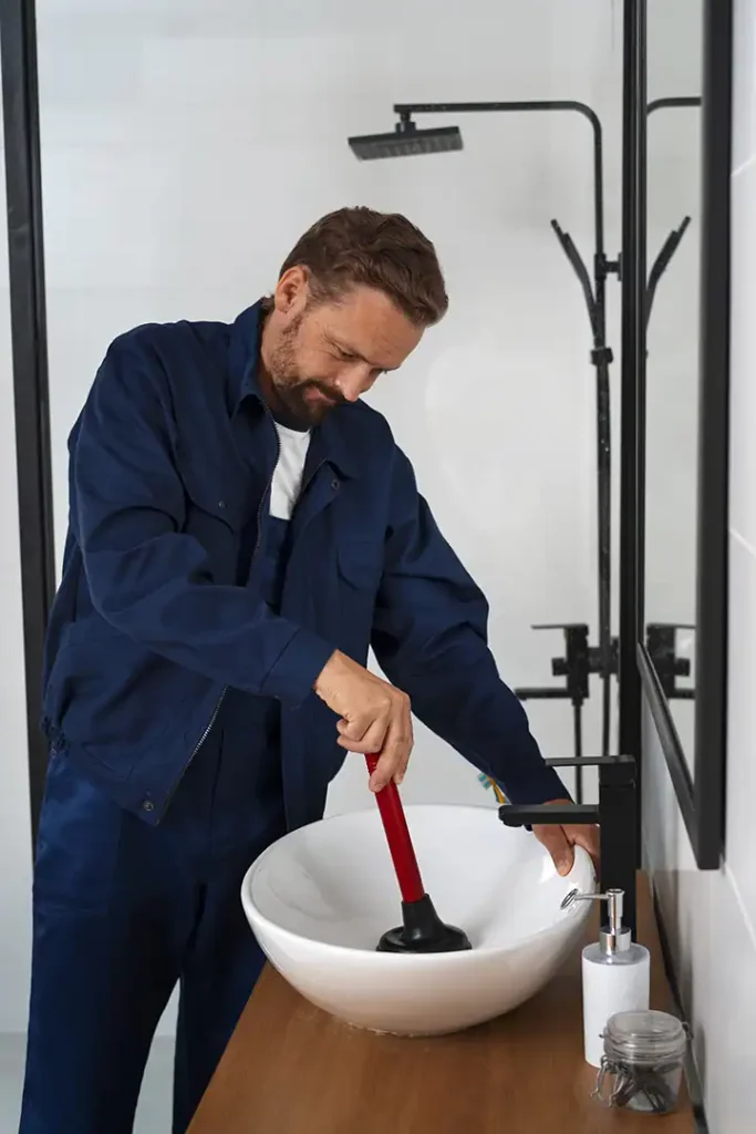 Ein Klempner benutzt einen Pömpel, um ein verstopftes Waschbecken zu reinigen.