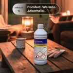1 liter fles geurarme kachelbrandstof op tafel bij petroleumkachel